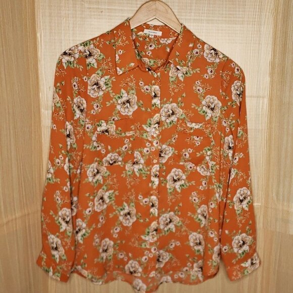 Pleione Women’s Orange Floral Long Sleeve Blouse Medium - Picture 1 of 7